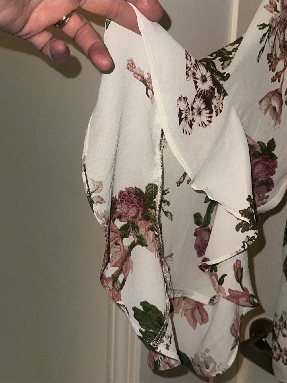 Tahari Floral V-Neck Ruffle Sleeve Blouse in White, Rose, Green - Picture 2 of 8